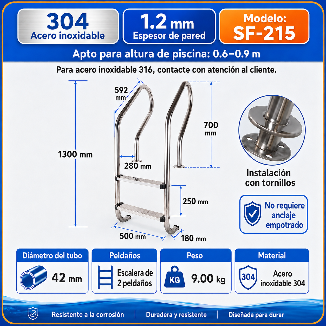 Peldaños de barandilla de piscina; peldaños para entrar en la piscina