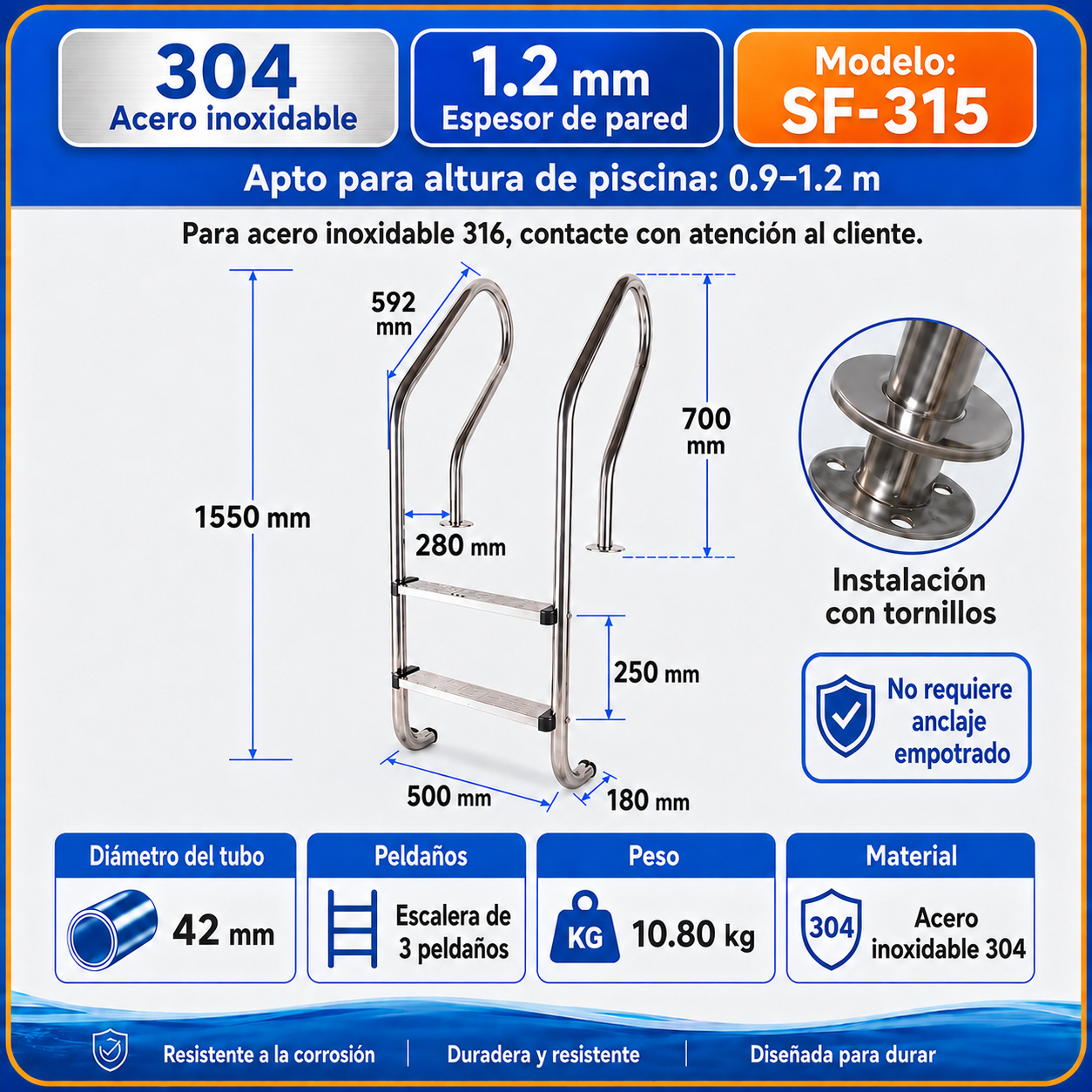 Peldaños de barandilla de piscina; peldaños para entrar en la piscina
