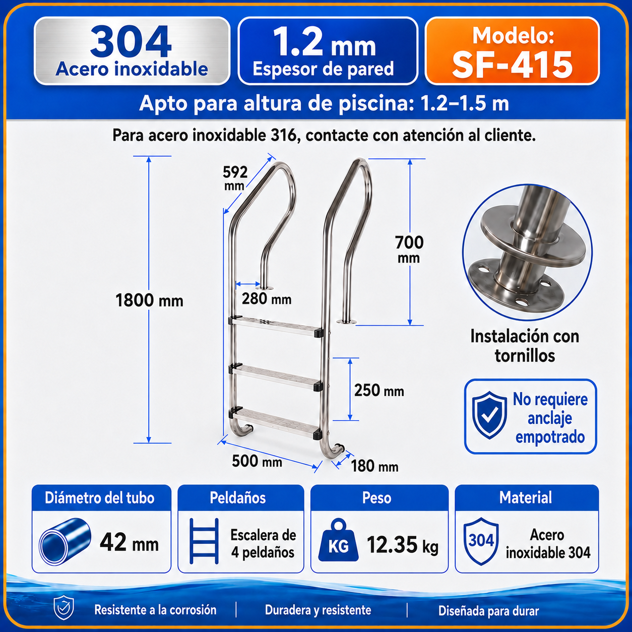 Peldaños de barandilla de piscina; peldaños para entrar en la piscina