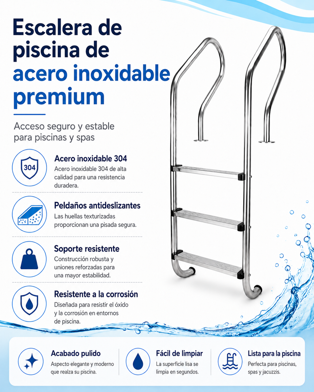 Peldaños de barandilla de piscina; peldaños para entrar en la piscina