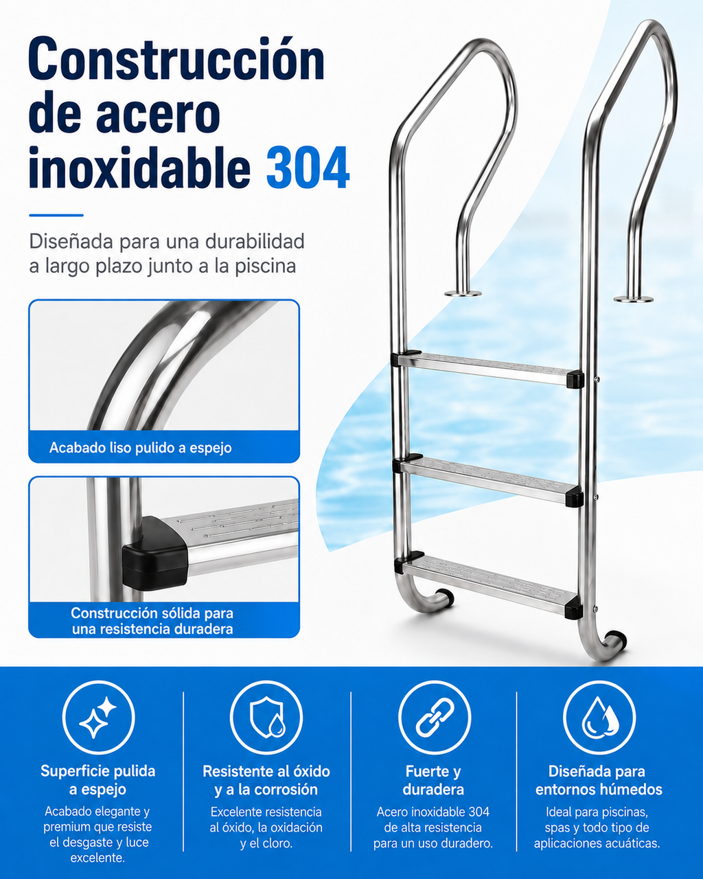 Peldaños de barandilla de piscina; peldaños para entrar en la piscina