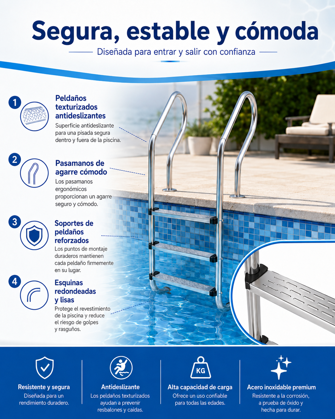 Peldaños de barandilla de piscina; peldaños para entrar en la piscina