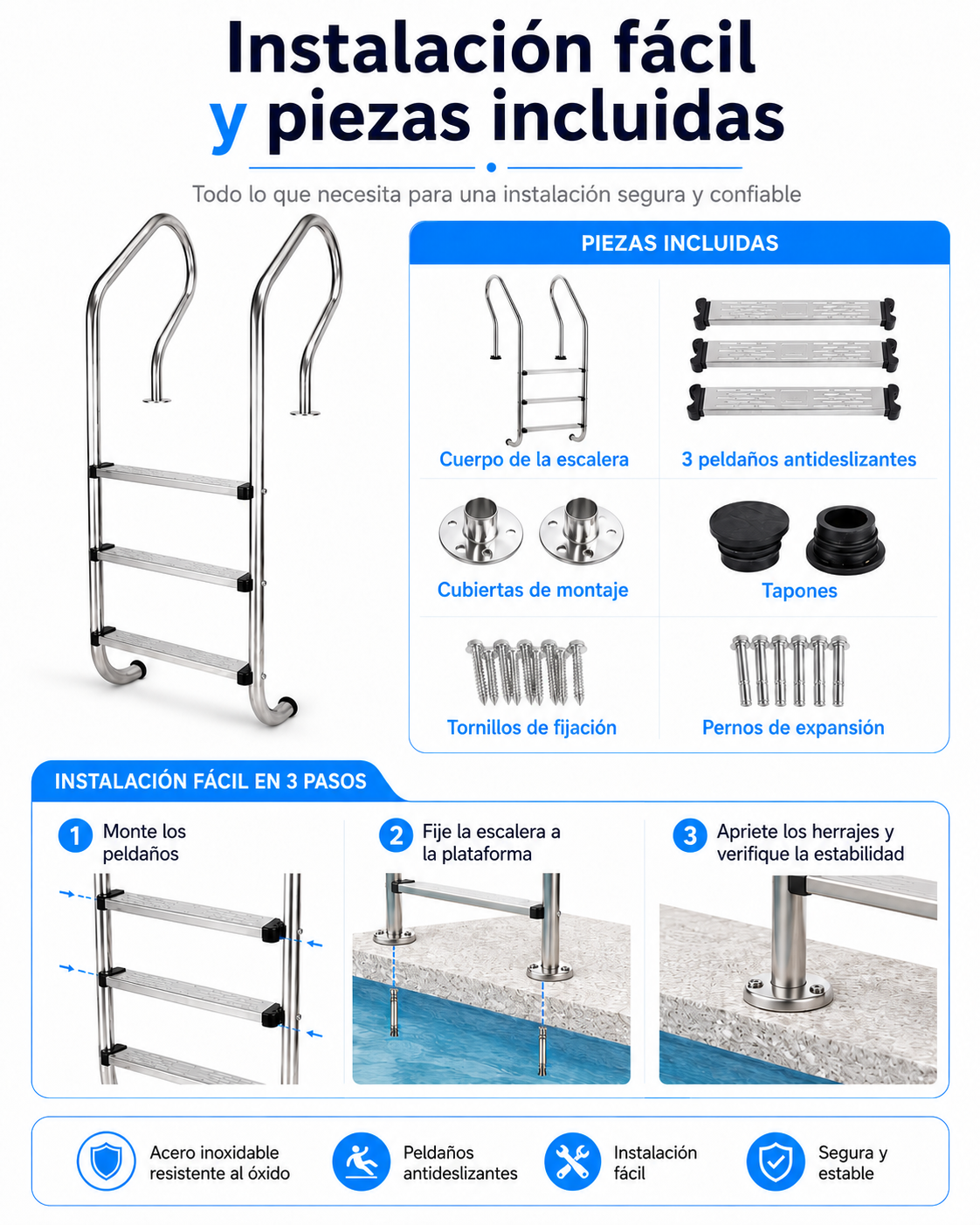 Peldaños de barandilla de piscina; peldaños para entrar en la piscina
