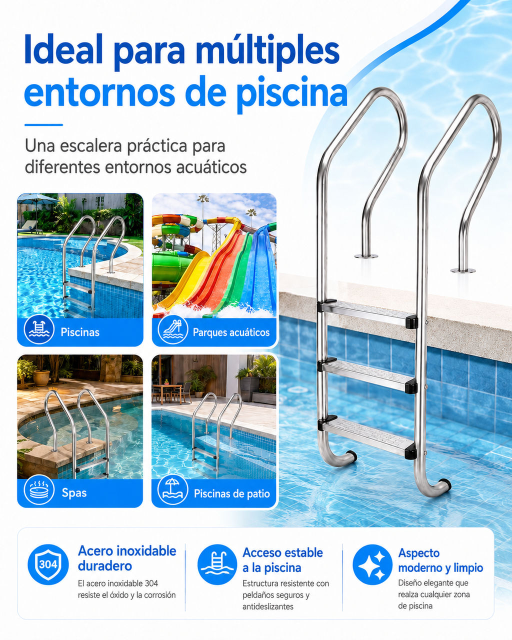 Peldaños de barandilla de piscina; peldaños para entrar en la piscina